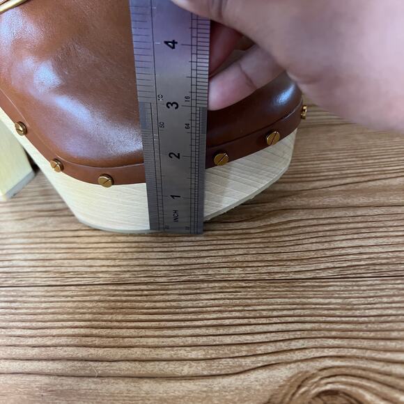 Veronica Beard Cognac Leather Wood Platform Heeled Mules Clogs Womens 10 Alek - Picture 13 of 15